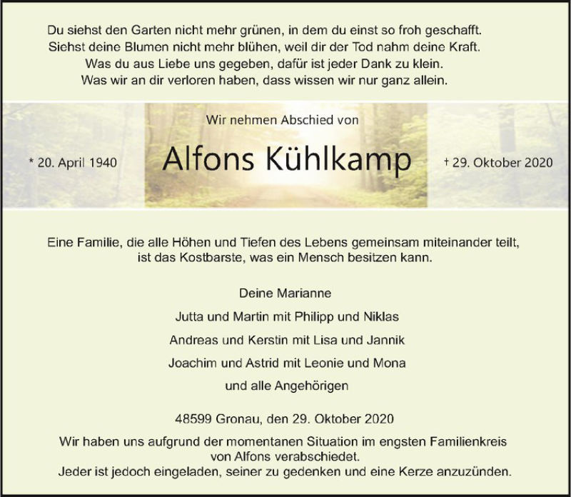  Traueranzeige für Alfons Kühlkamp vom 12.11.2020 aus Westfälische Nachrichten