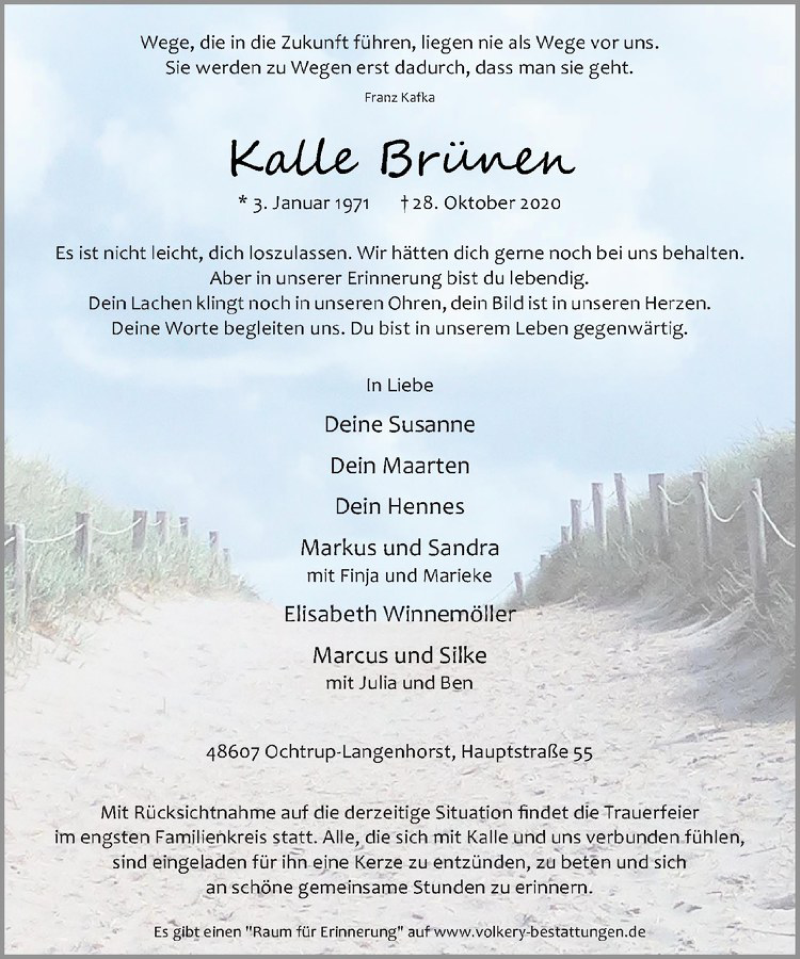  Traueranzeige für Kalle Brünen vom 31.10.2020 aus Westfälische Nachrichten