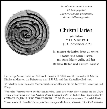 Anzeige von Christa Harten von Westfälische Nachrichten