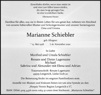 Anzeige von Marianne Schiebler von Westfälische Nachrichten