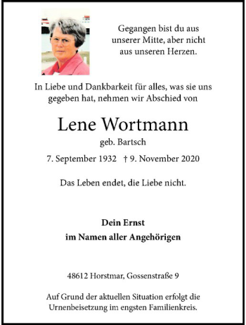 Anzeige von Lene Wortmann von Westfälische Nachrichten