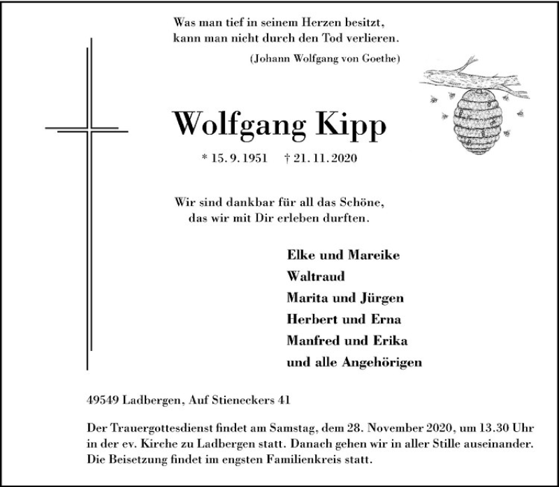  Traueranzeige für Wolfgang Kipp vom 25.11.2020 aus Westfälische Nachrichten
