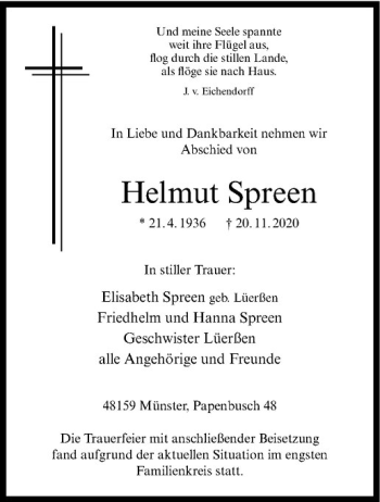 Anzeige von Helmut Spreen von Westfälische Nachrichten
