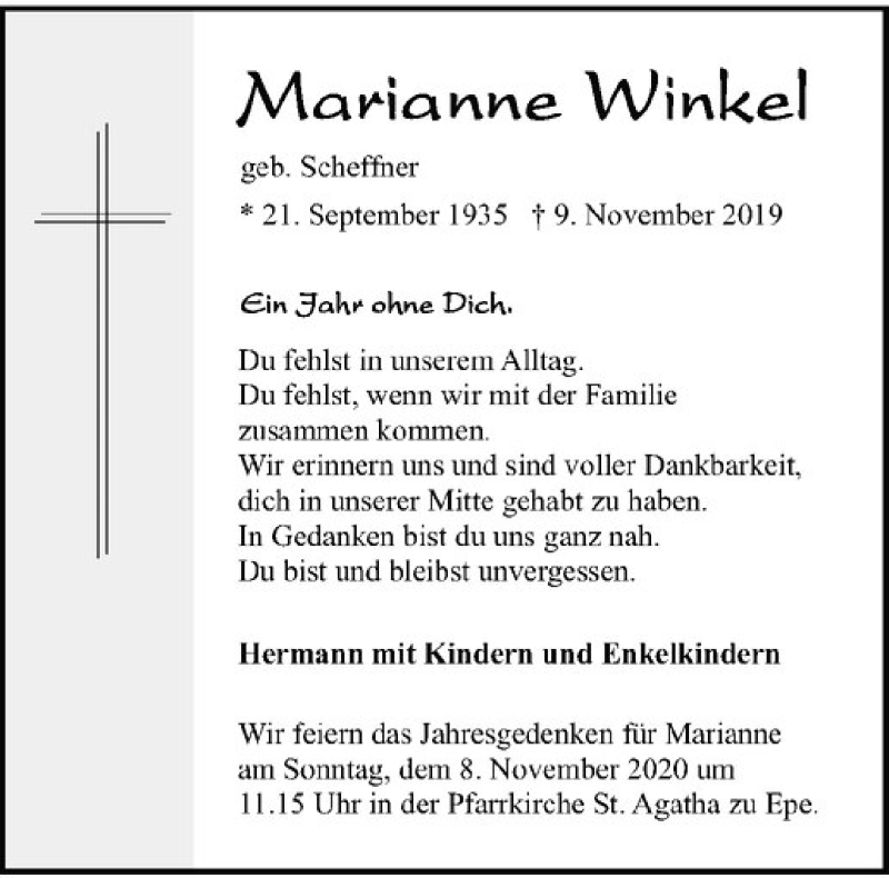  Traueranzeige für Marianne Winkel vom 31.10.2020 aus Westfälische Nachrichten
