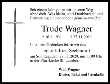 Anzeige von Trude Wagner von Westfälische Nachrichten