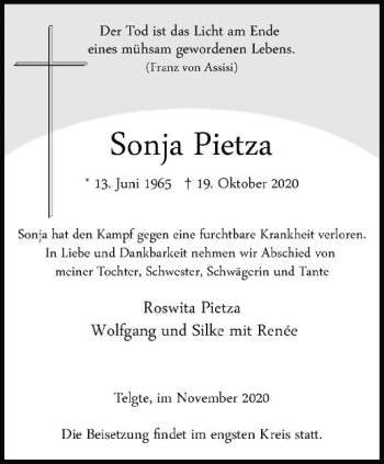 Anzeige von Sonja Pietza von Westfälische Nachrichten