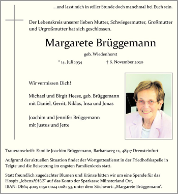 Anzeige von Margarete Brüggemann von Westfälische Nachrichten