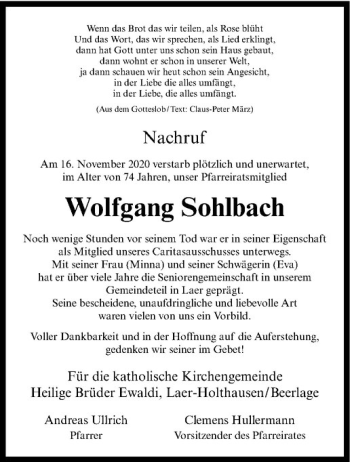 Anzeige von Wolfgang Sohlbach von Westfälische Nachrichten