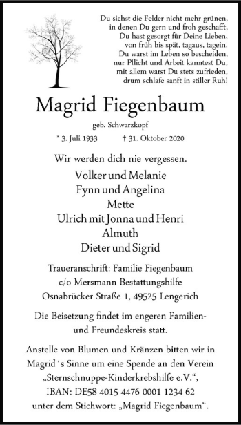 Anzeige von Magrid Fiegenbaum von Westfälische Nachrichten