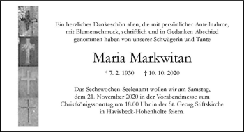 Anzeige von Maria Markwitan von Westfälische Nachrichten