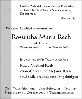 Anzeige von Roswitha Maria Reeh von Westfälische Nachrichten