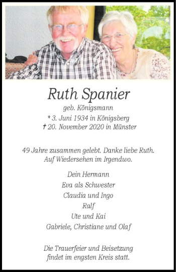 Anzeige von Ruth Spanier von Westfälische Nachrichten