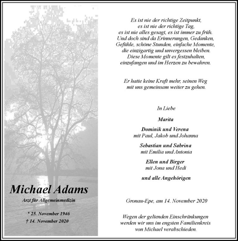  Traueranzeige für Michael Adams vom 18.11.2020 aus Westfälische Nachrichten