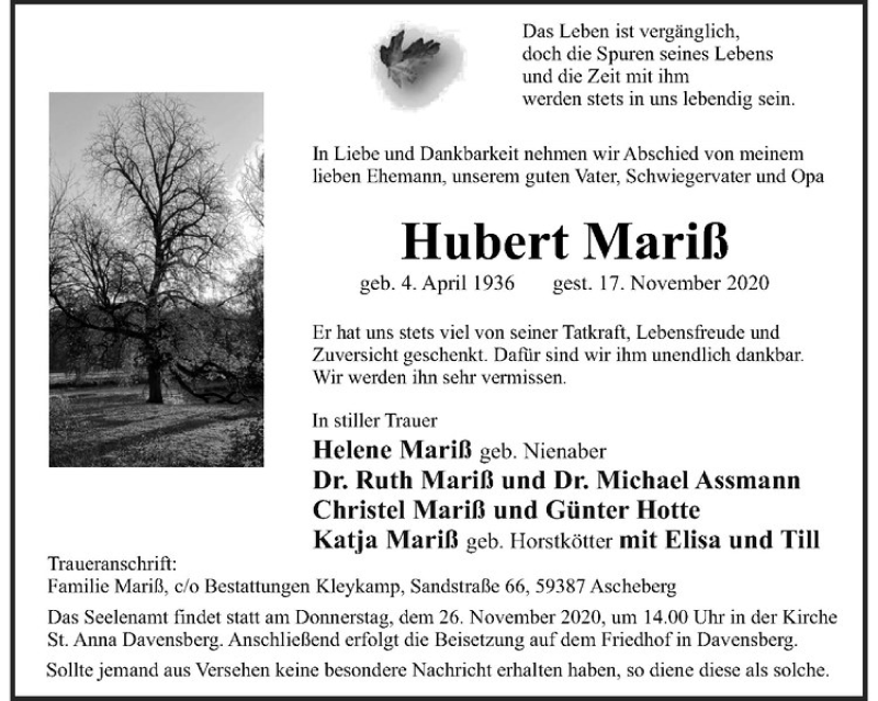  Traueranzeige für Hubert Mariß vom 21.11.2020 aus Westfälische Nachrichten