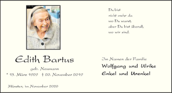 Anzeige von Edith Bartus von Westfälische Nachrichten