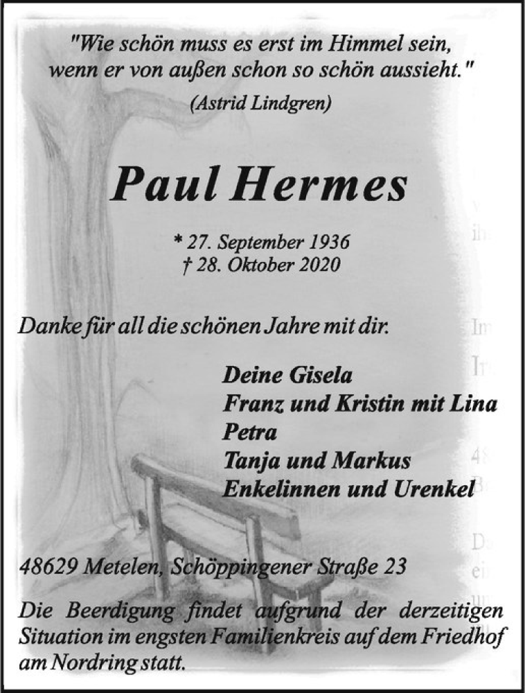  Traueranzeige für Paul Hermes vom 03.11.2020 aus Westfälische Nachrichten