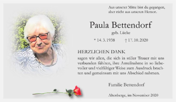 Anzeige von Paula Bettendorf von Westfälische Nachrichten