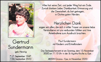 Anzeige von Gertrud Sundermann von Westfälische Nachrichten