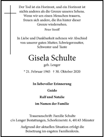 Anzeige von Gisela Schulte von Westfälische Nachrichten