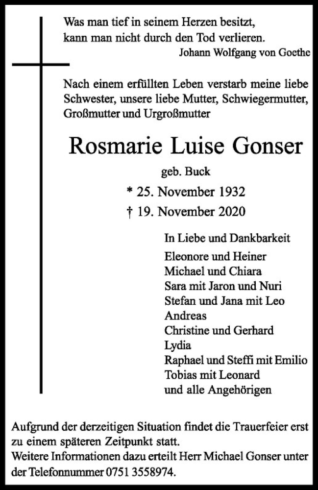  Traueranzeige für Rosmarie Luise Gonser vom 28.11.2020 aus Westfälische Nachrichten