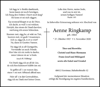Anzeige von Aenne Ringkamp von Westfälische Nachrichten