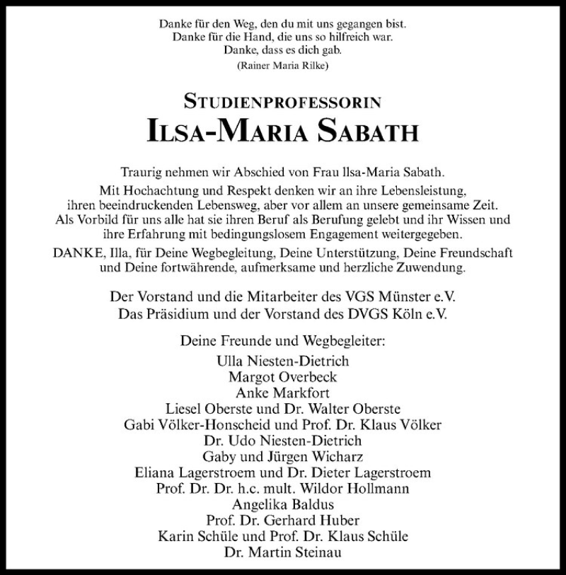  Traueranzeige für Ilsa-Maria Sabath vom 14.11.2020 aus Westfälische Nachrichten