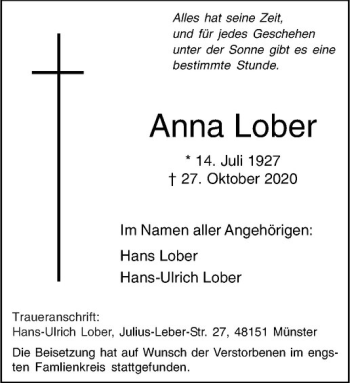 Anzeige von Anna Lober von Westfälische Nachrichten