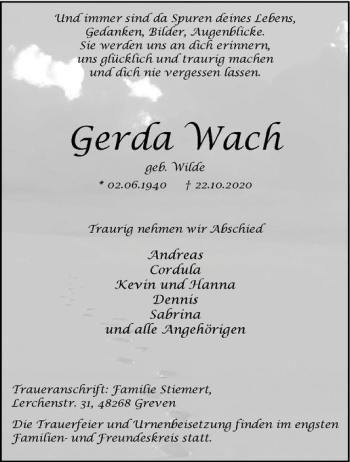 Anzeige von Gerda Wach von Westfälische Nachrichten