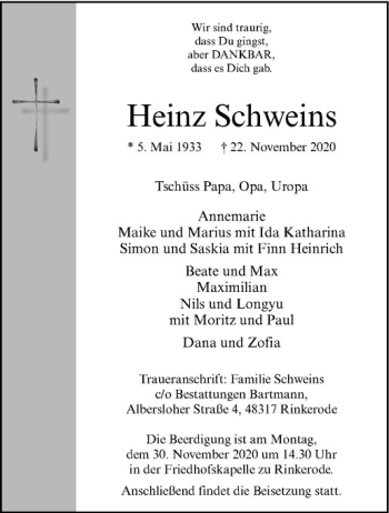 Anzeige von Heinz Schweins von Westfälische Nachrichten