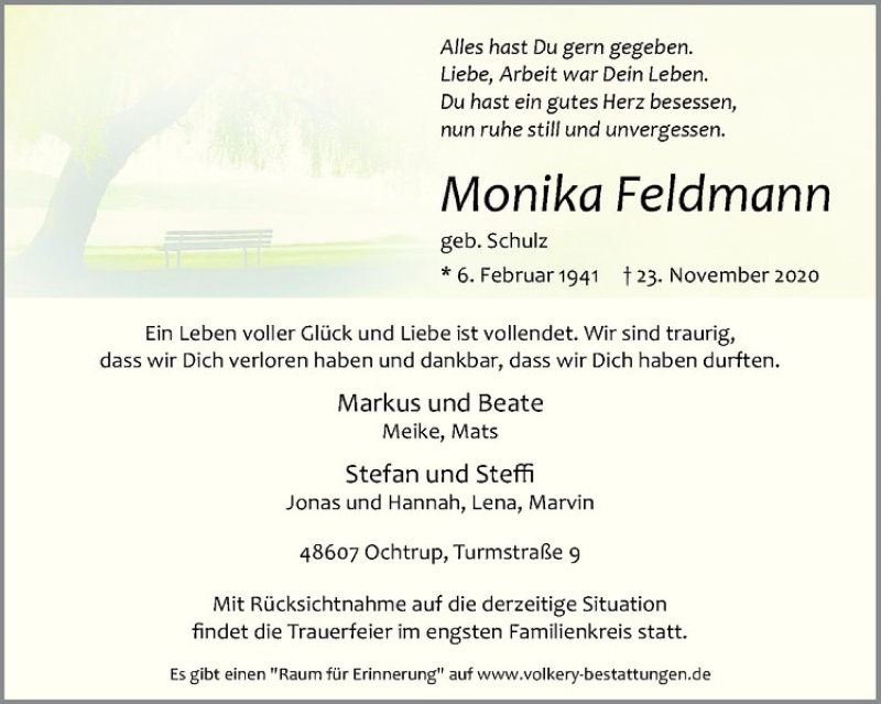  Traueranzeige für Monika Feldmann vom 24.11.2020 aus Westfälische Nachrichten