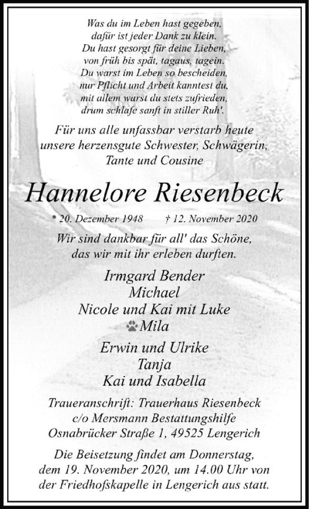  Traueranzeige für Hannelore Riesenbeck vom 17.11.2020 aus Westfälische Nachrichten