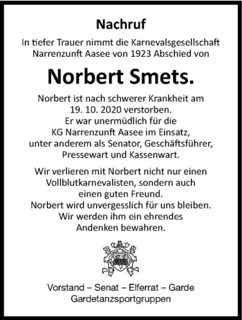 Anzeige von Norbert Smets von Westfälische Nachrichten