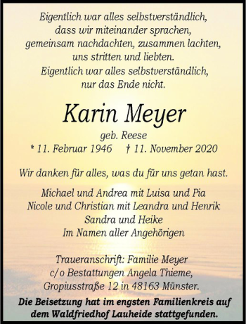 Anzeige von Karin Meyer von Westfälische Nachrichten