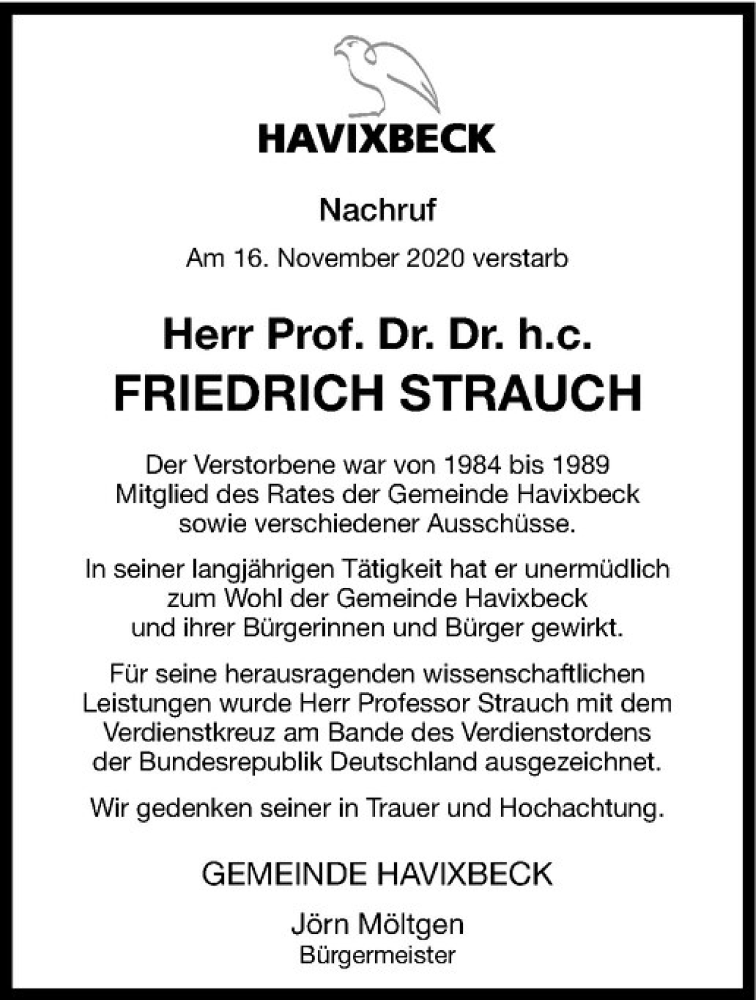  Traueranzeige für Friedrich Strauch vom 21.11.2020 aus Westfälische Nachrichten