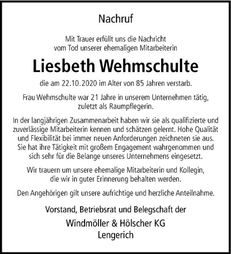  Traueranzeige für Liesbeth Wehmschulte vom 31.10.2020 aus Westfälische Nachrichten