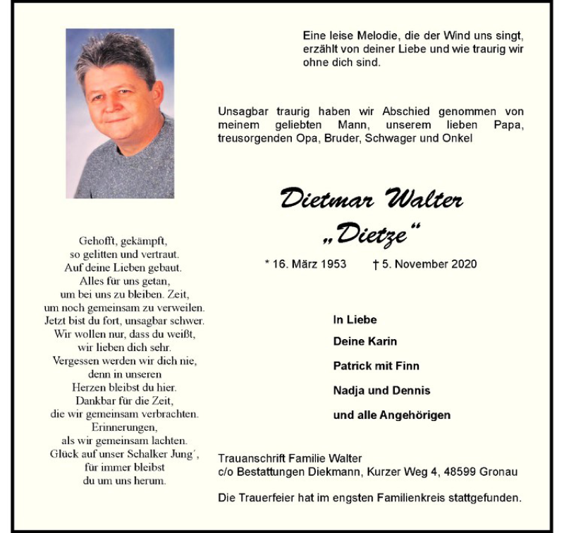  Traueranzeige für Dietmar Walter vom 18.11.2020 aus Westfälische Nachrichten