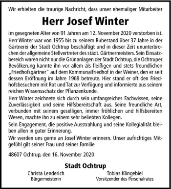 Anzeige von Josef Winter von Westfälische Nachrichten