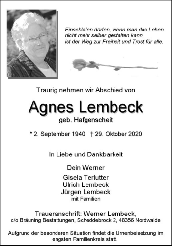 Anzeige von Agnes Lembeck von Westfälische Nachrichten