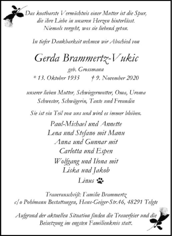Anzeige von Gerda Brammertz-Vukic von Westfälische Nachrichten