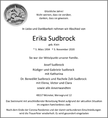 Anzeige von Erika Sudbrock von Westfälische Nachrichten