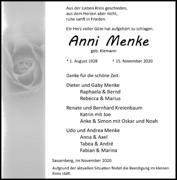 Anzeige von Anni Menke von Westfälische Nachrichten