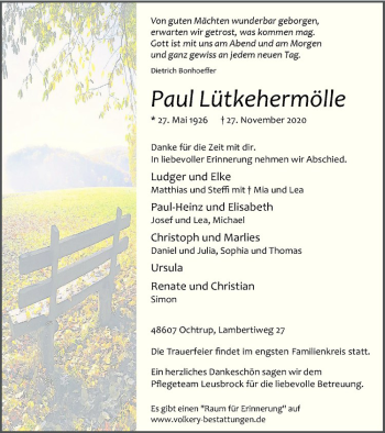 Anzeige von Paul Lütkehermölle von Westfälische Nachrichten
