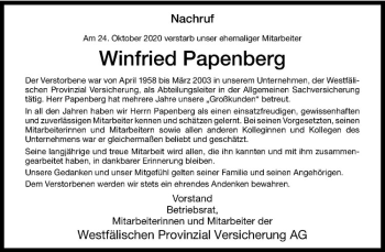 Anzeige von Winfried Papenberg von Westfälische Nachrichten