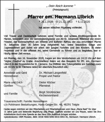 Anzeige von Hermann Ulrich von Westfälische Nachrichten