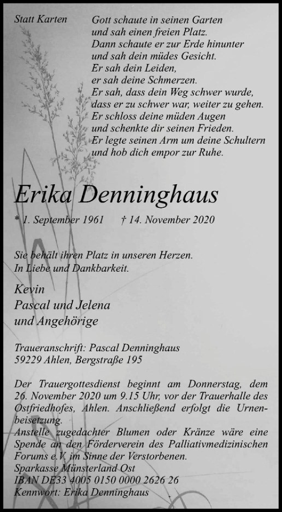  Traueranzeige für Erika Denninghaus vom 21.11.2020 aus Westfälische Nachrichten