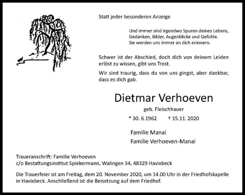  Traueranzeige für Dietmar Verhoeven vom 18.11.2020 aus Westfälische Nachrichten