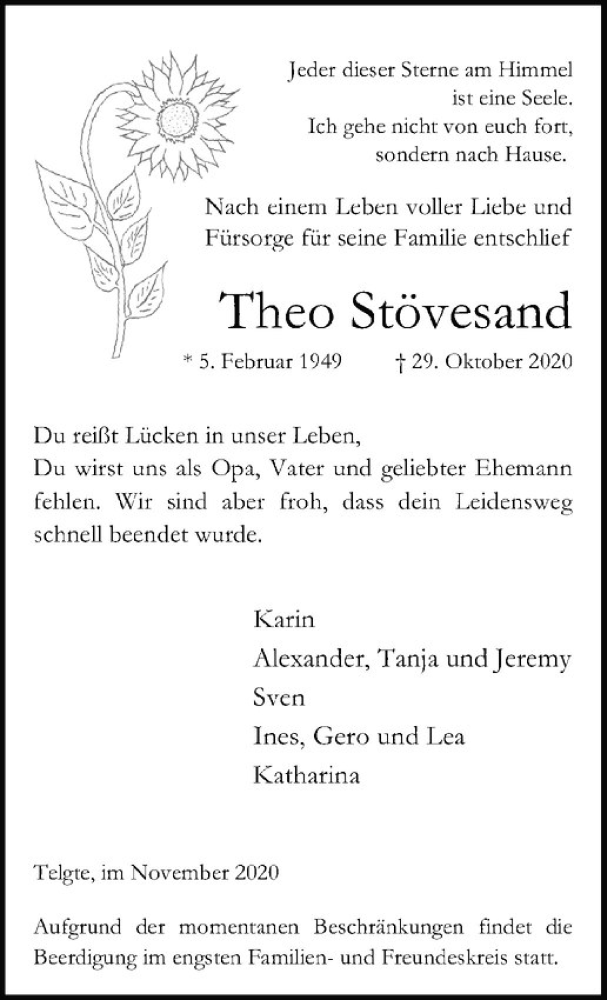  Traueranzeige für Theo Stövesand vom 07.11.2020 aus Westfälische Nachrichten