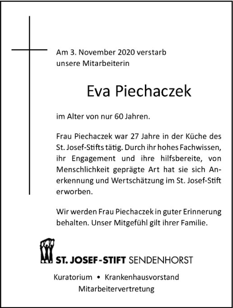  Traueranzeige für Eva Piechaczek vom 11.11.2020 aus Westfälische Nachrichten
