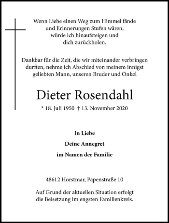 Anzeige von Dieter Rosendahl von Westfälische Nachrichten