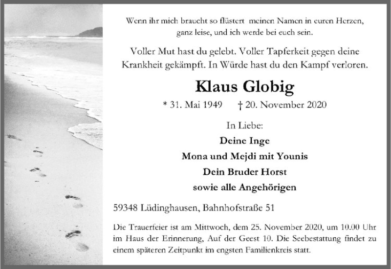  Traueranzeige für Klaus Globig vom 24.11.2020 aus Westfälische Nachrichten